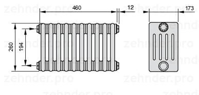 Схема (чертеж) Радиатор Zehnder Charleston 5026/10 №1270 Белый глянцевый RAL 9016
